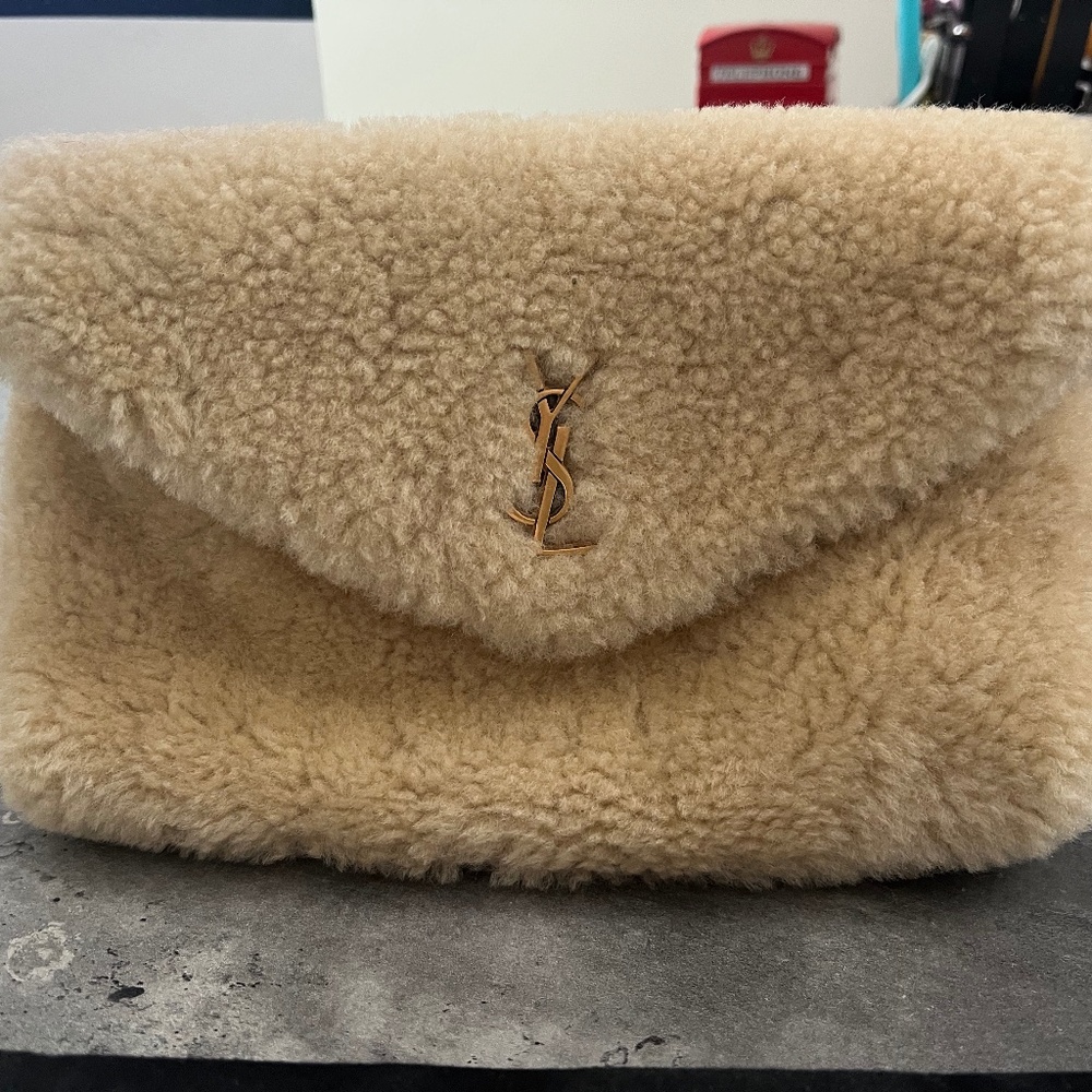 YSL Beige Plush Pouch with leather card carrier